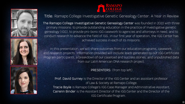 Ramapo College Investigative Genetic Genealogy Center: A Year in Review, David Gurney